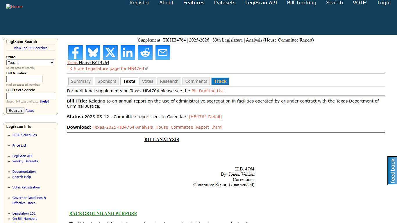 Supplement: TX HB4764 2025-2026 89th Legislature Analysis (House Committee Report) LegiScan